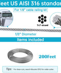 500 Foot One Eighth Inch T316 Stainless Steel Cable For Indoor Outdoor Deck Railings, 7X7 Wire Rope, 1800 Lb Breaking Strength