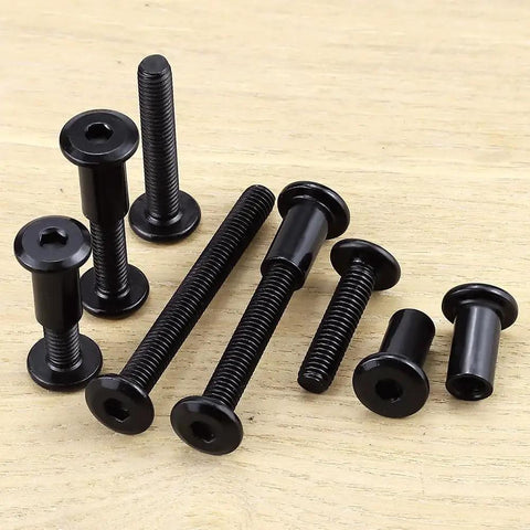 12 Sets M6x45mm Flat Head Socket Cap Screws With Barrel Nuts And 1 Hex Wrench, 304 Stainless Steel With Black Coating on wooden surface