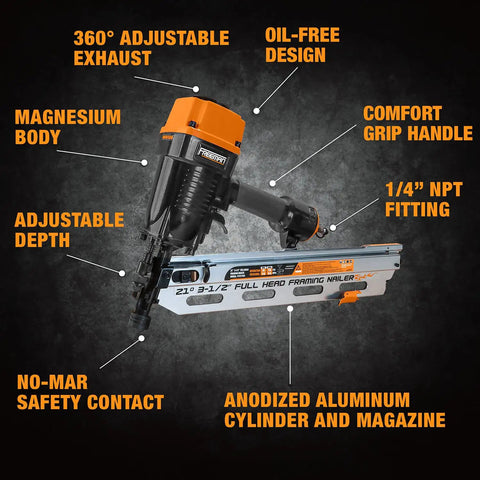 Pneumatic Framing Nailer Workhorse For 21 Degree Nails 2 To 3 And A Half Inch Full Round Head Plastic Collated Beefy One-Piece