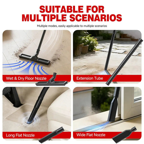 Auto Clean Dust Extractor With Dual Cyclone Pre Separation System attachments for wet, dry, long flat, wide flat nozzles