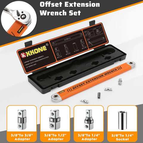 Zero Degree Offset Extension Wrench For Tight Spaces Three Eighths Inch Drive Socket Extender with Square Adapters shown in case