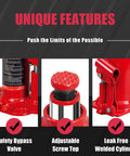 Red hydraulic bottle jack; three-panel display highlighting safety bypass valve, adjustable screw top, welded cylinder.