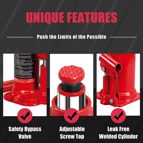 Red hydraulic bottle jack; three-panel display highlighting safety bypass valve, adjustable screw top, welded cylinder.