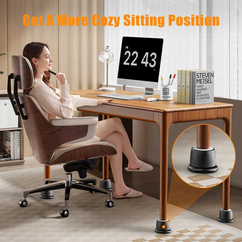 Kick Up Your Bedroom Sleeper Or Couch By 1.6 To 2.6 Inches With Smooth Stepless Thread Adjustment And Built Tough Non Slip Base Black Adjustable Furniture Risers Pack Of 4 underneath a desk with a woman seated.