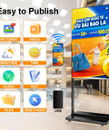 Crisp 55 Inch 4K Floor Standing Digital Signage Screen with ad content and user interface icons on display in a bright lobby.