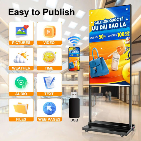 Crisp 55 Inch 4K Floor Standing Digital Signage Screen with ad content and user interface icons on display in a bright lobby.