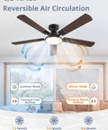 Reversible air circulation 52 Inch Ceiling Fan With Lights, flush mount black design showing summer and winter modes indoors.
