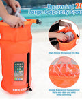 Bright Orange Swim Buoy With 20L Dry Bag Must-Have Fully Waterproof Floating Safety Float With Touchscreen Access shown on beach