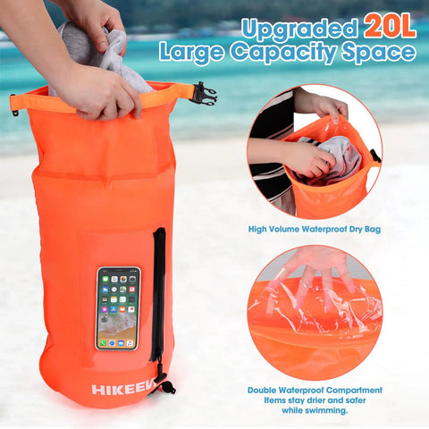Bright Orange Swim Buoy With 20L Dry Bag Must-Have Fully Waterproof Floating Safety Float With Touchscreen Access shown on beach