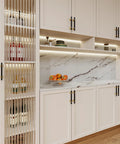 10 Pack 5 Inch Center Hole Black And Gold Cabinet Pulls on white kitchen cabinets with marble backsplash