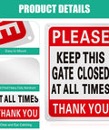 Four Pack Please Keep Gate Closed Signs 10x7 Inches Hella Tough Weatherproof Aluminum Warning Plaque With Reflective Rust Proof Finish For Backyard Gate Or Shed Door Indoor Outdoor No Fuss Display In Red White Black, showcasing easy mount design and rust-proof features.