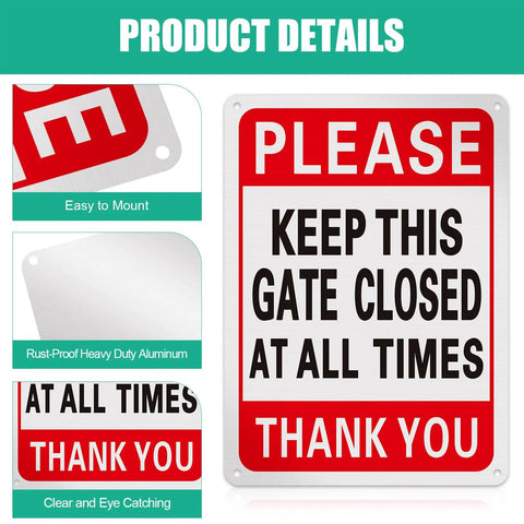 Four Pack Please Keep Gate Closed Signs 10x7 Inches Hella Tough Weatherproof Aluminum Warning Plaque With Reflective Rust Proof Finish For Backyard Gate Or Shed Door Indoor Outdoor No Fuss Display In Red White Black, showcasing easy mount design and rust-proof features.