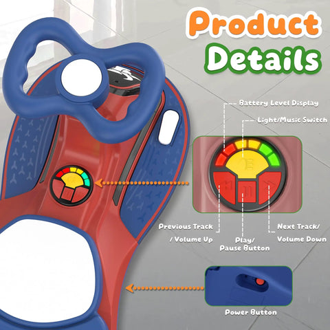 Dashboard of Two Seater Electric Wiggle Car For Kids With Pedal, 75W Motor, showcasing controls and battery display.