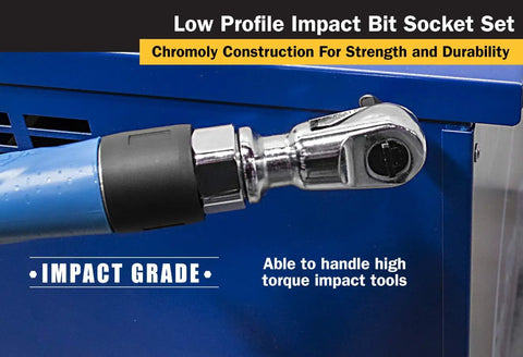 Close-up of low profile impact bit socket on a blue tool cabinet with text emphasizing chromoly construction for durability.