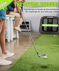Two In One Golf Chipping Practice Net For Backyard Foldable Two And A Half Feet Includes Ground Stakes Storage Bag And Illustrated Guide set up indoors with golfer putting