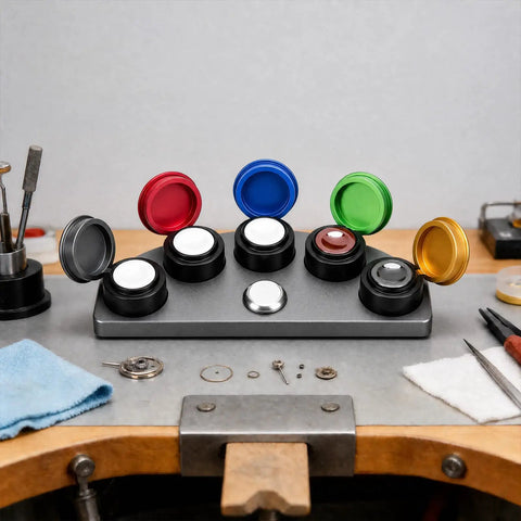 Color Coded Watch Oil Cup Set With Lids Five Empty Metal Oil Cups And Stand For Horology Repair On The Bench Oiler Kit