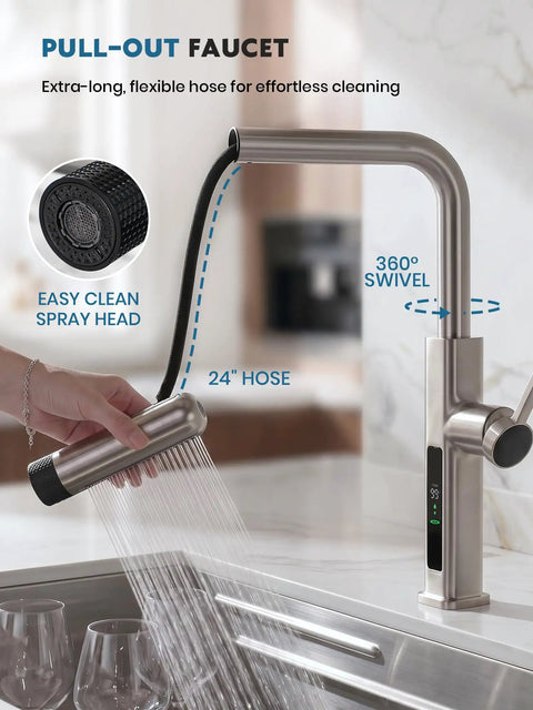 Touchless Pull-Out Kitchen Faucet with 6 Water Outlet Modes, Hands Free Motion Sensor Activated, Battery-Free Temperature Display, KF2209-PRO (Brushed Nickel) with 24" hose and swivel spray head.