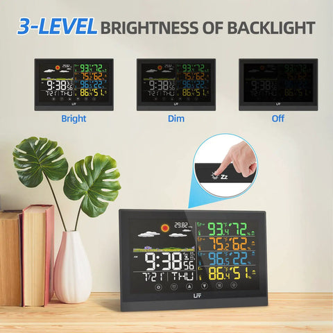 All In One Indoor Outdoor Weather Station With Three Wireless Sensors, Color Display, adjustable backlight feature showcased