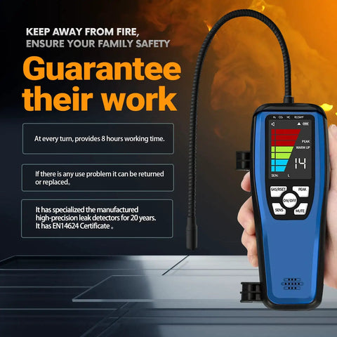 LD600 Portable Gas Leak Detector With 16 Inch Gooseneck 3000mAh Rechargeable Battery displayed with safety features