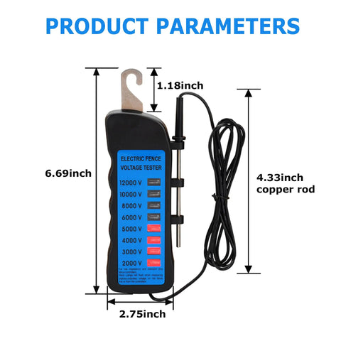 12KV Fence Tester With 8 Neon Indicator Lights Workhorse Electric Fence Voltage Meter For Farms Fault Finder And Quick Wire Fault Detection Tool For Easy Field Checks, 6.69-inch black tester with copper rod and cord