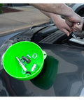 Green Magnetic Nut Cups 2 Pack on car hood holding nuts and screws, showcasing magnetic parts tray for garages.