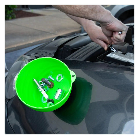 Green Magnetic Nut Cups 2 Pack on car hood holding nuts and screws, showcasing magnetic parts tray for garages.