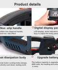Heavy Duty Handheld Automatic Strapping Machine For One Half To Five Eighth Inch Pp Pet Straps With Built In Battery Powered Electric Banding Tool detailed view showing rubber non-slip handle and digital display panel.