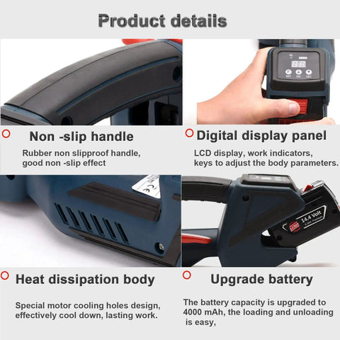 Heavy Duty Handheld Automatic Strapping Machine For One Half To Five Eighth Inch Pp Pet Straps With Built In Battery Powered Electric Banding Tool detailed view showing rubber non-slip handle and digital display panel.