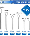 315Pcs Cotter Pin Assortment Kit Zinc Plated Steel Split Pins shown in various sizes with quantities labeled