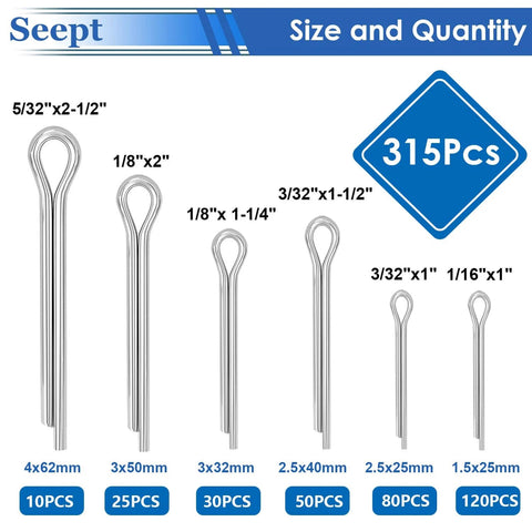 315Pcs Cotter Pin Assortment Kit Zinc Plated Steel Split Pins shown in various sizes with quantities labeled