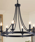 Black Farmhouse Wagon Wheel Chandelier With Six Lights, 24 Inch Rustic Pendant Ceiling Light for Dining Room, Matte Iron Design.
