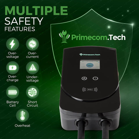 50 Amp Level 2 EV Wall Charger 240V With 30 Ft Cord For Tesla Mach-E Ford F-150 VW ID4 Audi eTron RAV4 Kia EV6 Hyundai IONIQ 5 Polestar Rivian NEMA 6-50P 10x Faster Home Charging with safety features highlighted