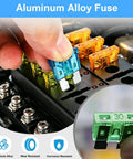 Person installing a blue 100 Piece Fuses Assortment Kit Featuring Standard And Mini Blade Auto Fuses Made Of Solid Zinc Alloy on a fuse block.