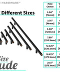 Size guide for Solid Stainless Steel Euro Bar Cabinet Handle Drawer Pull with various lengths and hole centers.