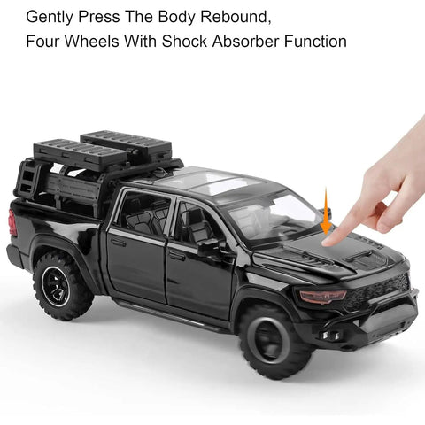 Pickup Truck Diecast Model Car For Kids One Thirty Second Scale With Sound And Light Kid Friendly Alloy Toy Truck being pressed