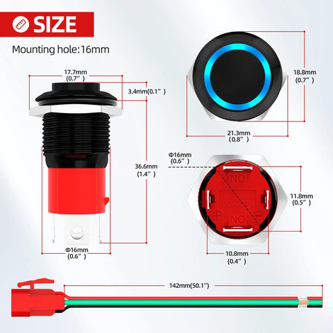 Dimensions of 12V 20A Tough As Nails Heavy Duty Latching Push Button Switch Waterproof On Off 16mm Pushbutton With Blue LED