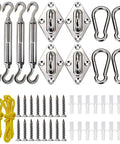 Heavy Duty Stainless Steel Shade Sail Hardware Kit For Triangle Square And Rectangle Sails Rust Proof 304 Stainless Built Tough For Patio And Lawn Outdoor Shade Sail Installations set with screws, ropes, turnbuckles, and hooks.