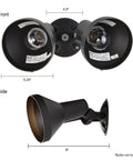 Front and side view of Two Light Outdoor Wall Mount Flood Light in Dark Bronze Finish, dual light design, uses PAR38 bulbs, 4.5" x 5.25" dimensions.