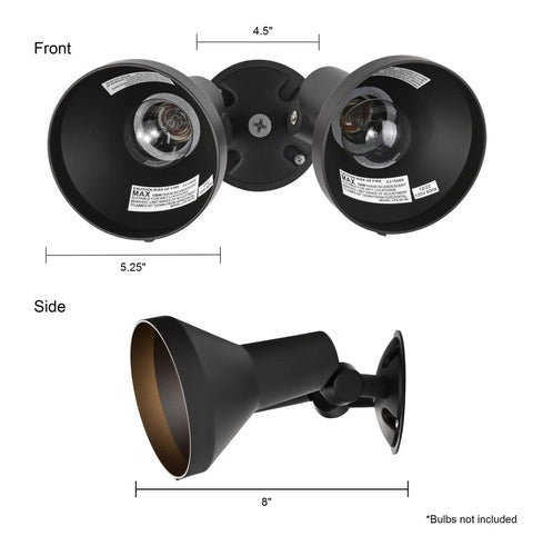 Front and side view of Two Light Outdoor Wall Mount Flood Light in Dark Bronze Finish, dual light design, uses PAR38 bulbs, 4.5" x 5.25" dimensions.
