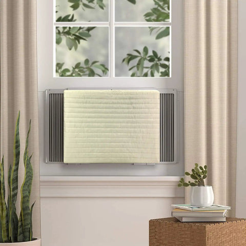 Legit Indoor Window Ac Cover That Keeps Your Setup Sharp And Shields Five To Seven Thousand Btu Units Fitting 21 By 15 By 3.5 Inches From Brisk Weather And Dust Builds Using Soft Washable Polyester In Crisp White, on an AC unit behind a window.