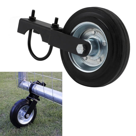 Built Tough 6 Inch Heavy Duty Gate Wheel With Solid Rubber Tire That Won Quit Supporting Up To 500 Lbs On Metal Farm Or Chain Link Fence Fits 1 To 2 Inch Tubes mounted on a gate.