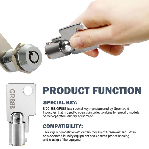 Hand holding GR888 2 Pack Coin Laundry Machine Key near lock showing product function and compatibility details.