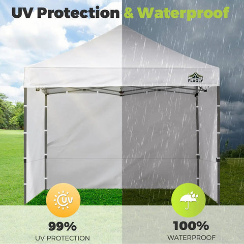 Three White 10x10 Foot Sidewalls For Pop Up Canopy Tent, 300D Waterproof Fabric With PA Lining, UV Block shown in rain and sun conditions