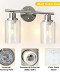 Two Light Vanity Lights Brushed Nickel Wall Sconce With Clear Glass Shade For Modern Bathroom Lighting E26 Base Bulbs Not Included