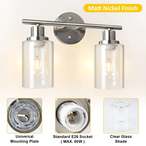 Two Light Vanity Lights Brushed Nickel Wall Sconce With Clear Glass Shade For Modern Bathroom Lighting E26 Base Bulbs Not Included