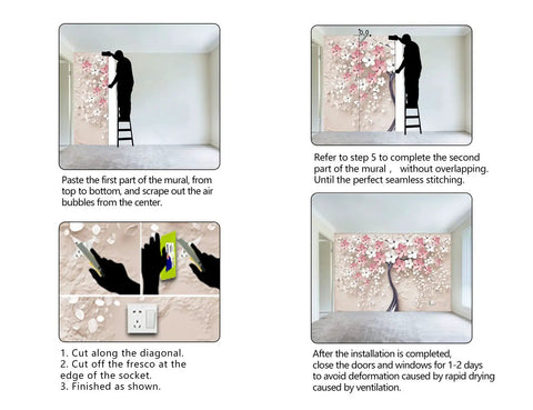 Installation steps of 3D Relief Abstraction Pink Flower Tree Mural For Bedroom And Living Room, 160 X 108 Inch Fabric Wallpaper Not Peel And Stick, Requires Thick Adhesive.