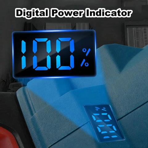 Digital power indicator showcasing battery level at 100% on the No Fuss 2 In 1 Cordless Drill And Mixer in bright blue.