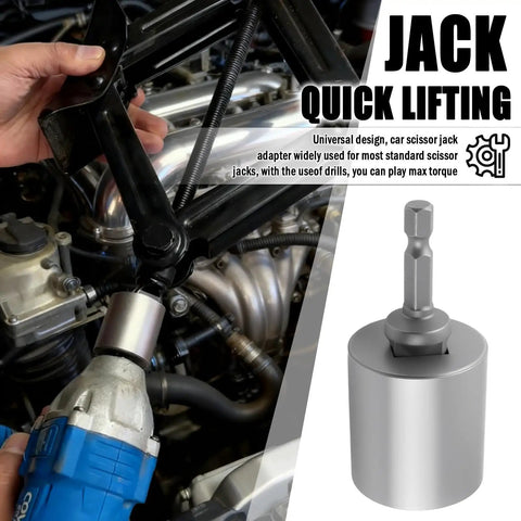 Heavy Duty Universal Scissor Jack Drill Adapter Kit Fast Car Lift Converter for Hand Drills and Impact Wrenches in use.