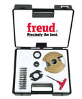 Top Shelf Panel Raising Router Bit System With Five Precision Profiles And Heavy Duty Carbide Blades for woodworking in durable carrying case.