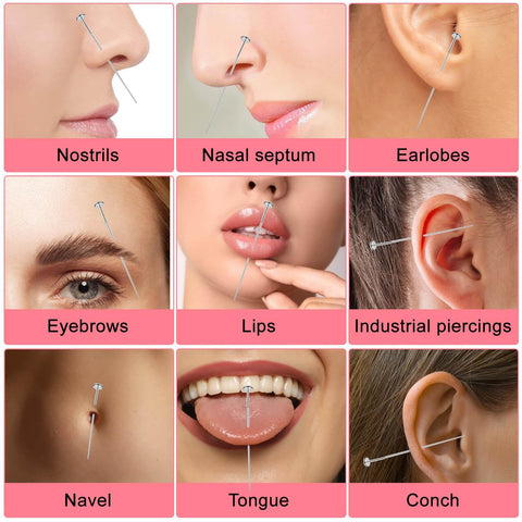 Image illustrating piercing placements including nostrils, nasal septum, earlobes, eyebrows, lips, navel, tongue, and conch.